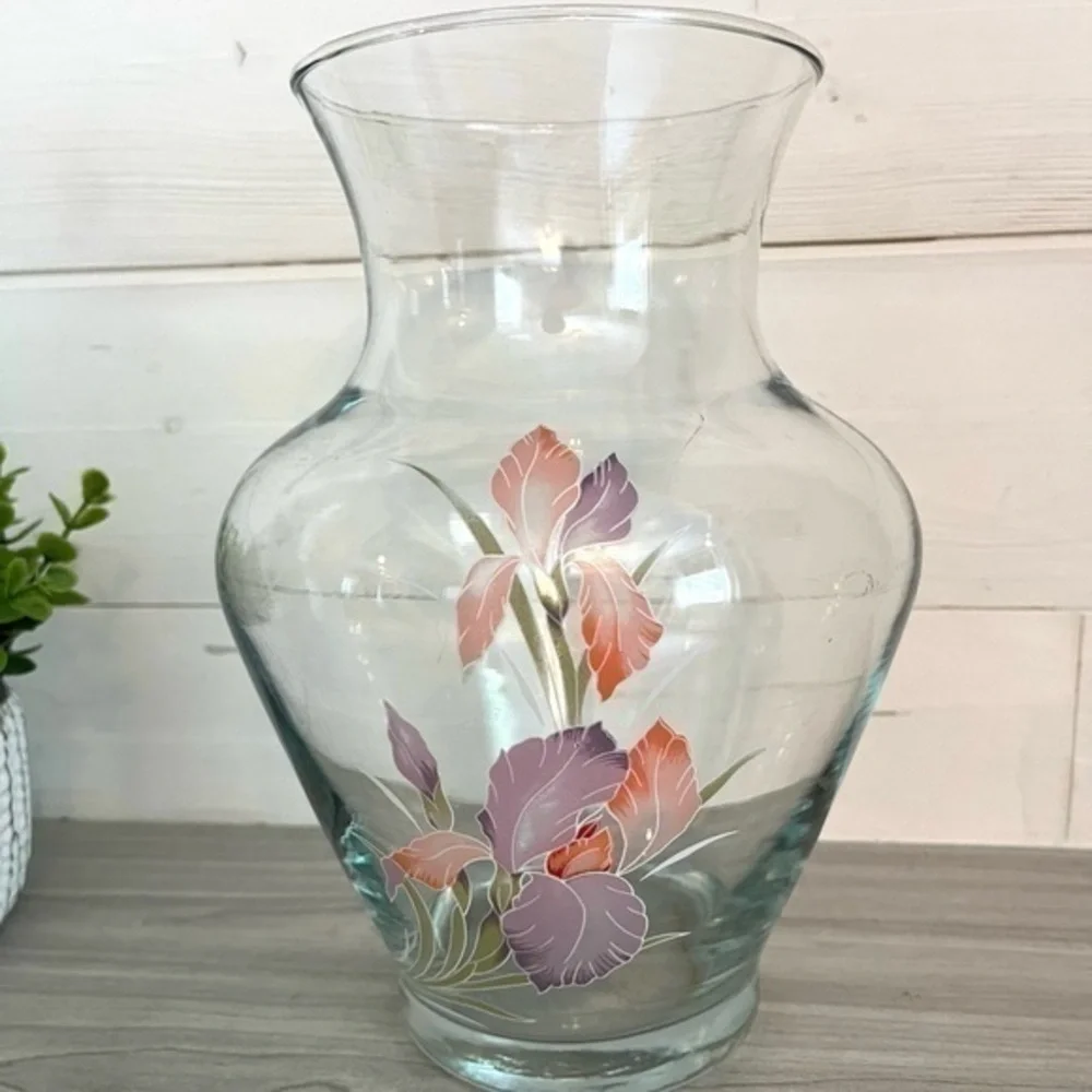 Glass Vase with Iris Design 9.5” Purple and Pink Irises
